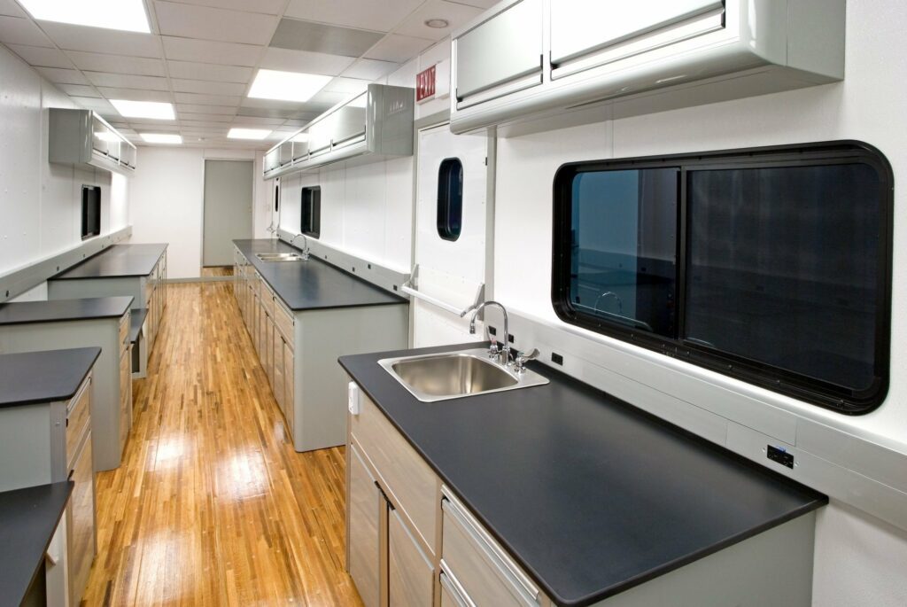 interior with black countertop and brown wooden floors
