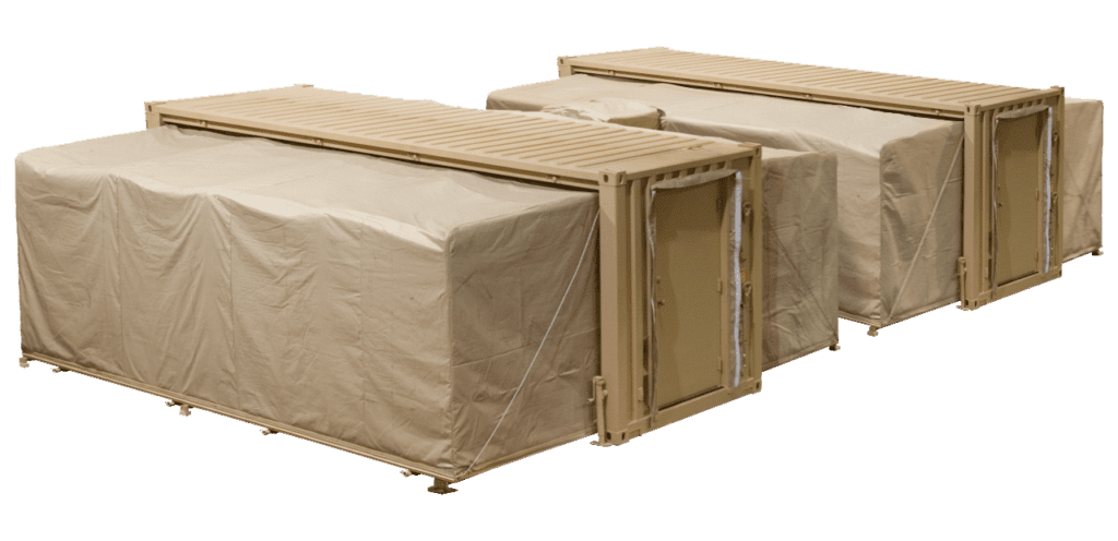 shelter containers covered in brown wrapping