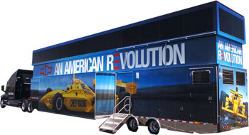 blue trailer that says american revolution