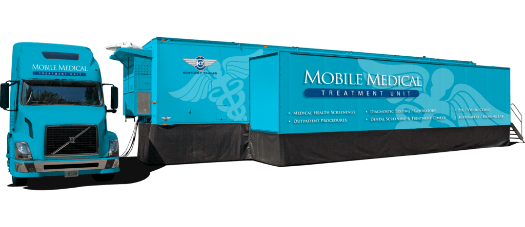 light blue large mobile clinic treatment trailer