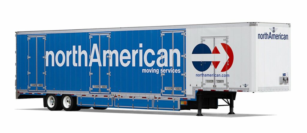 blue and white trailer that says "north american"