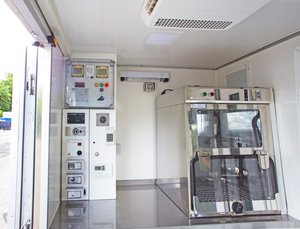 inside of the trailer, showing electronics.