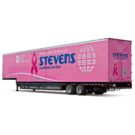 large pink trailer with blue text and pink breast cancer awareness bow