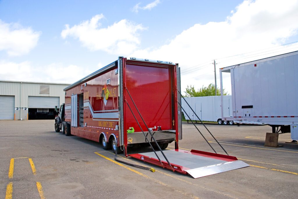 red fire trailer with the lift gate down