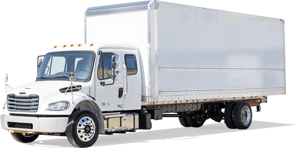 A white commercial truck with an enclosed cargo area is parked, awaiting transport duties.